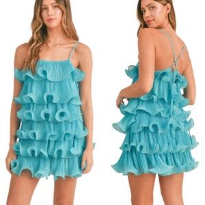 NWT Amable by Mable Austyn Aqua Blue Plisse Ruffled Tiered Mini Dress - L